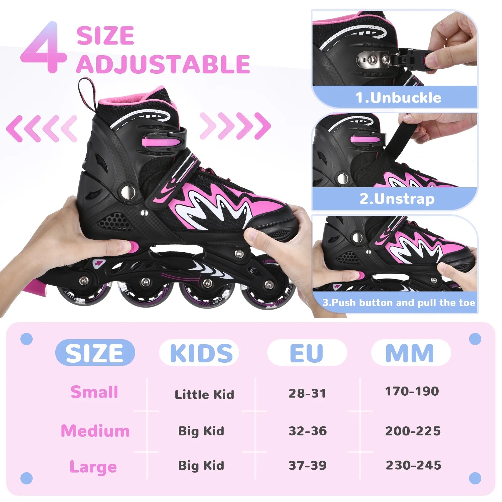 Kids adjustable roller blades with light-up wheels and secure triple closure system for boys and girls